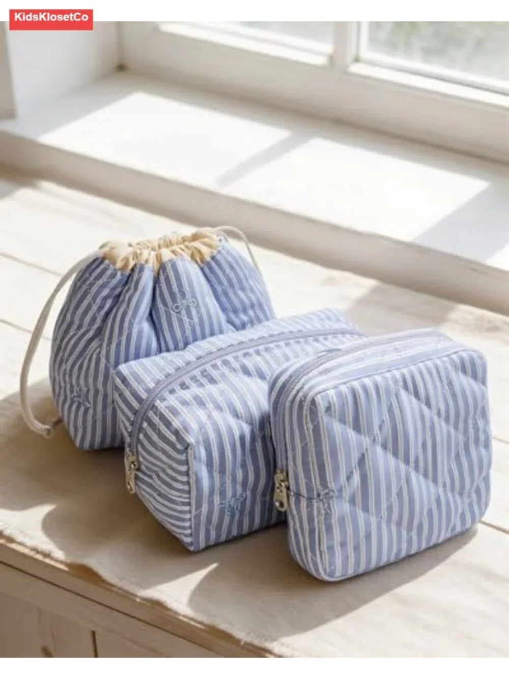 Quilted Cotton Makeup Bag Set 3-Piece Travel Toiletry Pouch Drawstring Gift